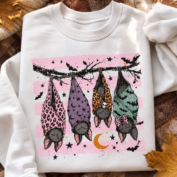 Halloween Shirt, Hanging Bat Sweatshirt, Cute Spooky Bat Hoodie, Pink Leopard Bat Graphic Tee, Halloween Party Outfit, Gift For Women
