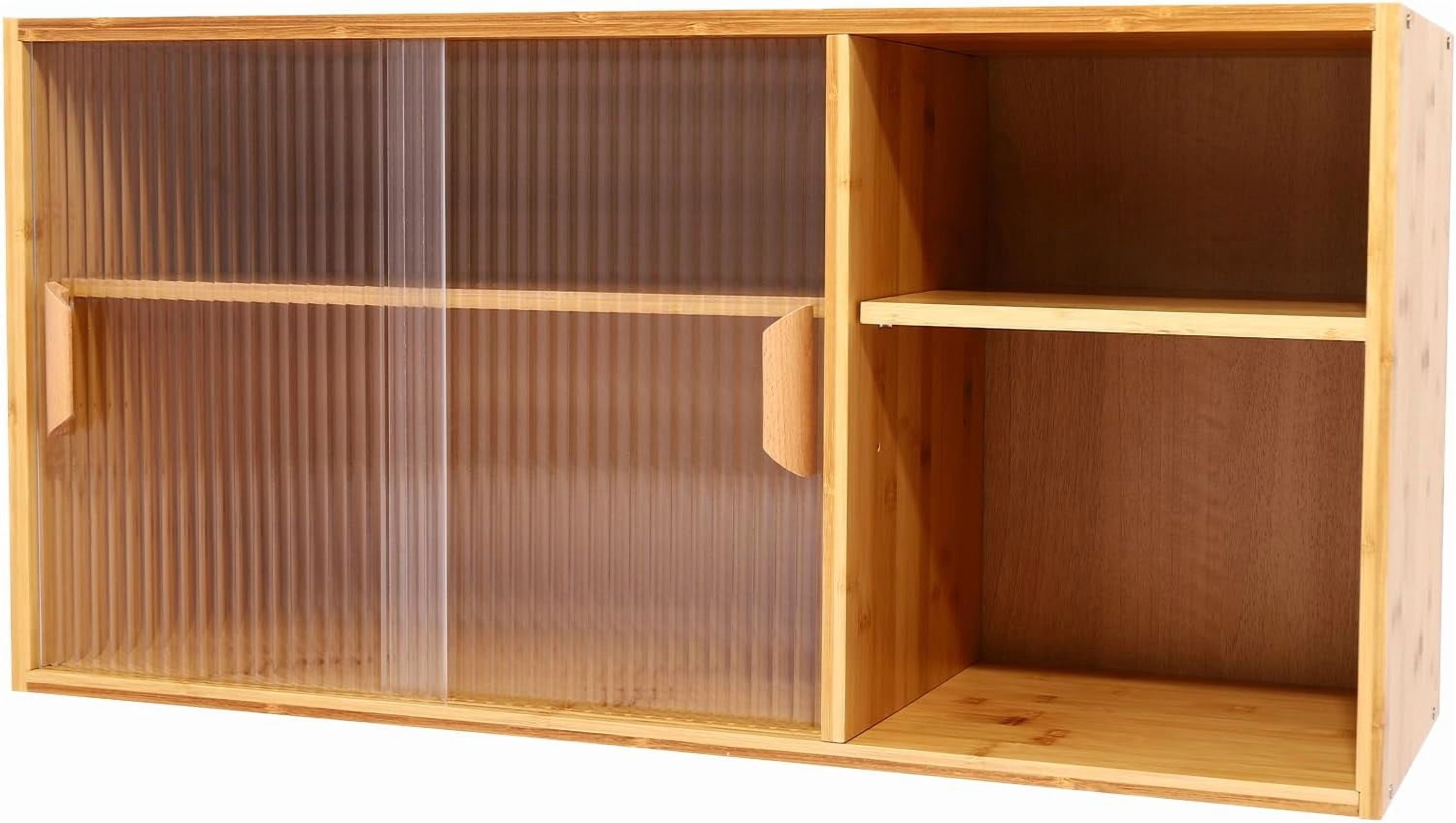 Kitchen Pantry Cabinet, Wall Mount or Countertop Sideboard with Glass Doors, 2 Tiers Rectangular Cupboard Food Pantry Cabinet for Kitchen, Dining Room, or Living Room (Log Color)