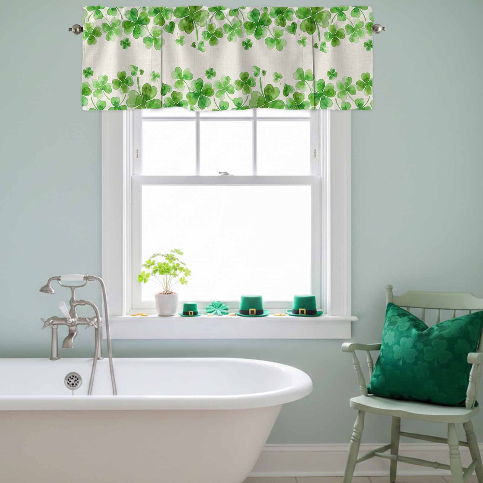 Happy St. Patrick's Day Tie Up Valances Curtain, Green Shamrock Love Art Watercolor Linen Texture Adjustable Rod Pocket Short Window Treatment Tie Up Curtains for Kitchen Living Room 60x18 In