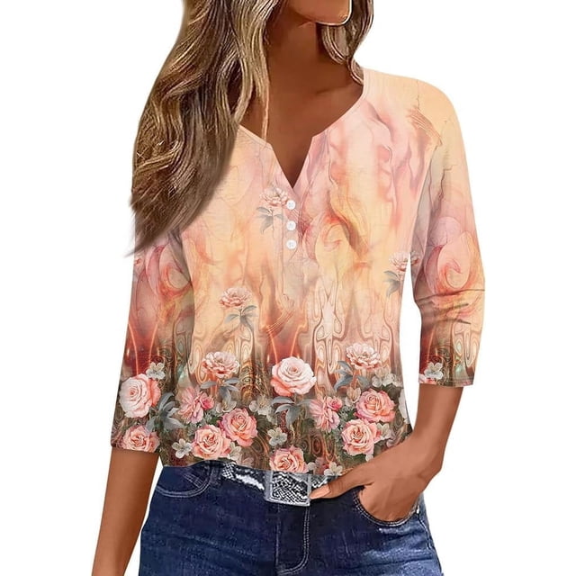 Generic Womens Summer Tops 3/4 Length Sleeve Button Down Shirts Henley V Neck Striped Blouses Plus Size Trendy Comfy Tees