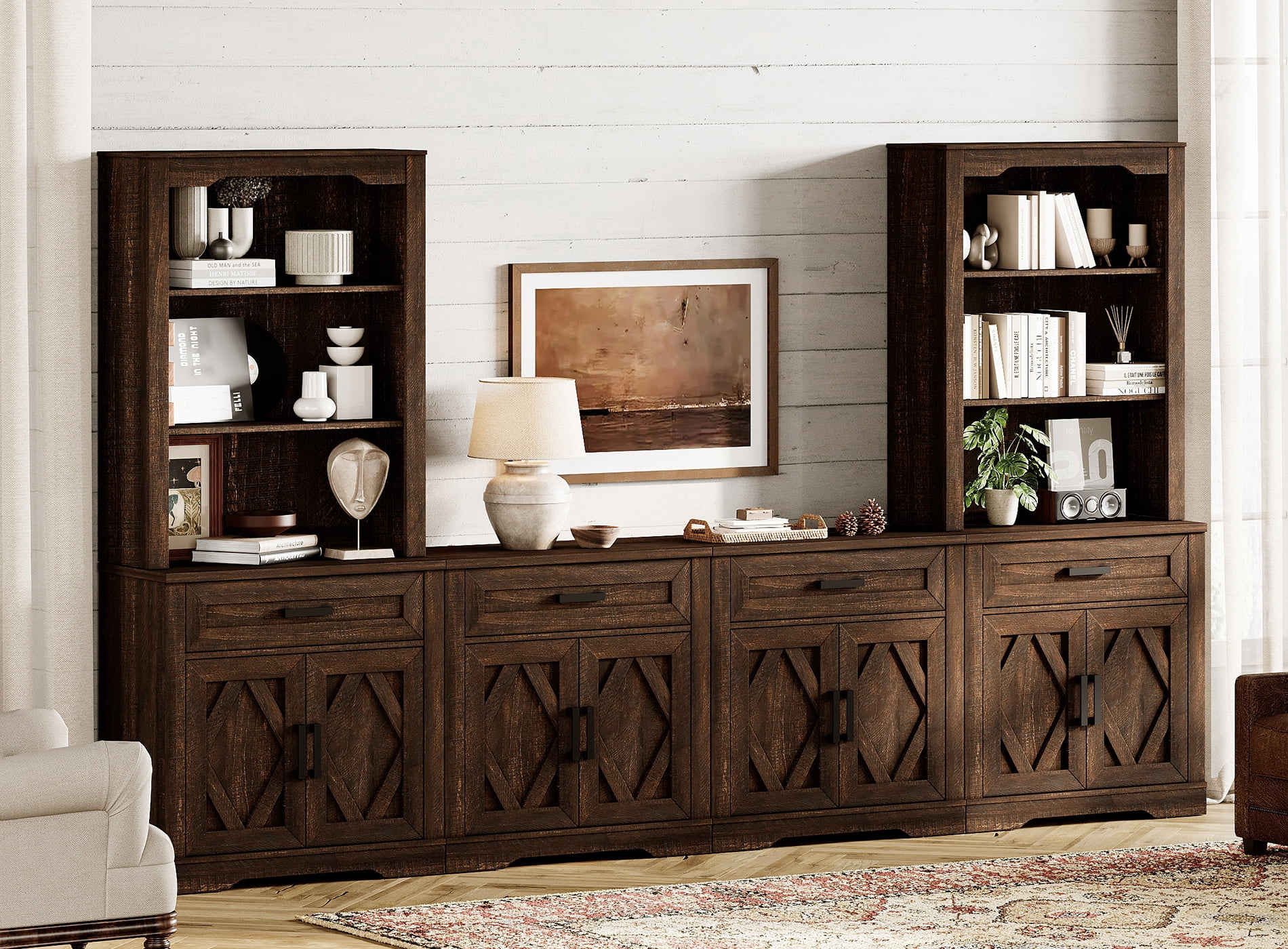 WAMPAT Farmhouse Entertainment Center with Bookshelf for TVs up to 70",Mid Century Modern TV Stand with 73"H Tall 5-Tier Bookcase with Open Storage and Barn Doors for Living Room,Bedroom,Rustic Brown