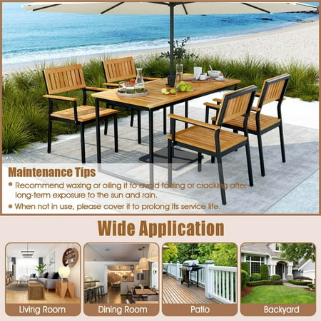 Costway Dining Chair Set of 2 with Acacia Wood Backrest Slanted Seat Comfortable Armrests - Natural + Black