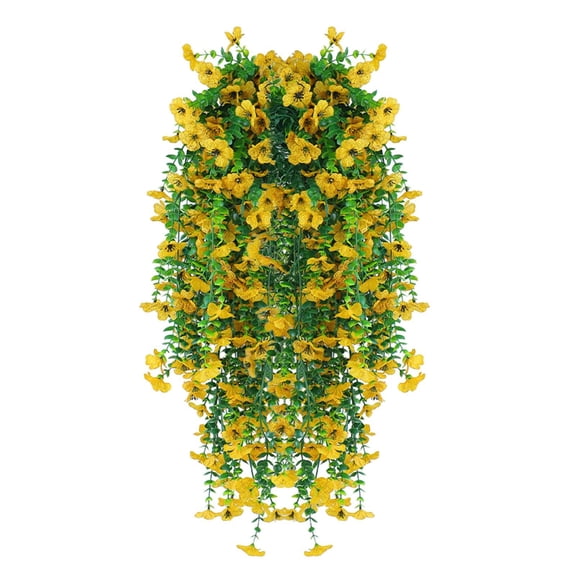 Clearance | Yellow Artificial Hanging Violet Flowers with Eucalyptus Vine, Realistic Faux Floral Garland for Patio Porch Balcony Outdoor Spring Summer Decoration