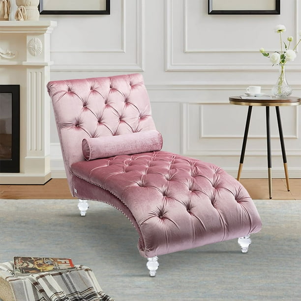 Pink Velvet Chaise Lounge with Pillow, KAMIDA Indoor Chaise Lounge