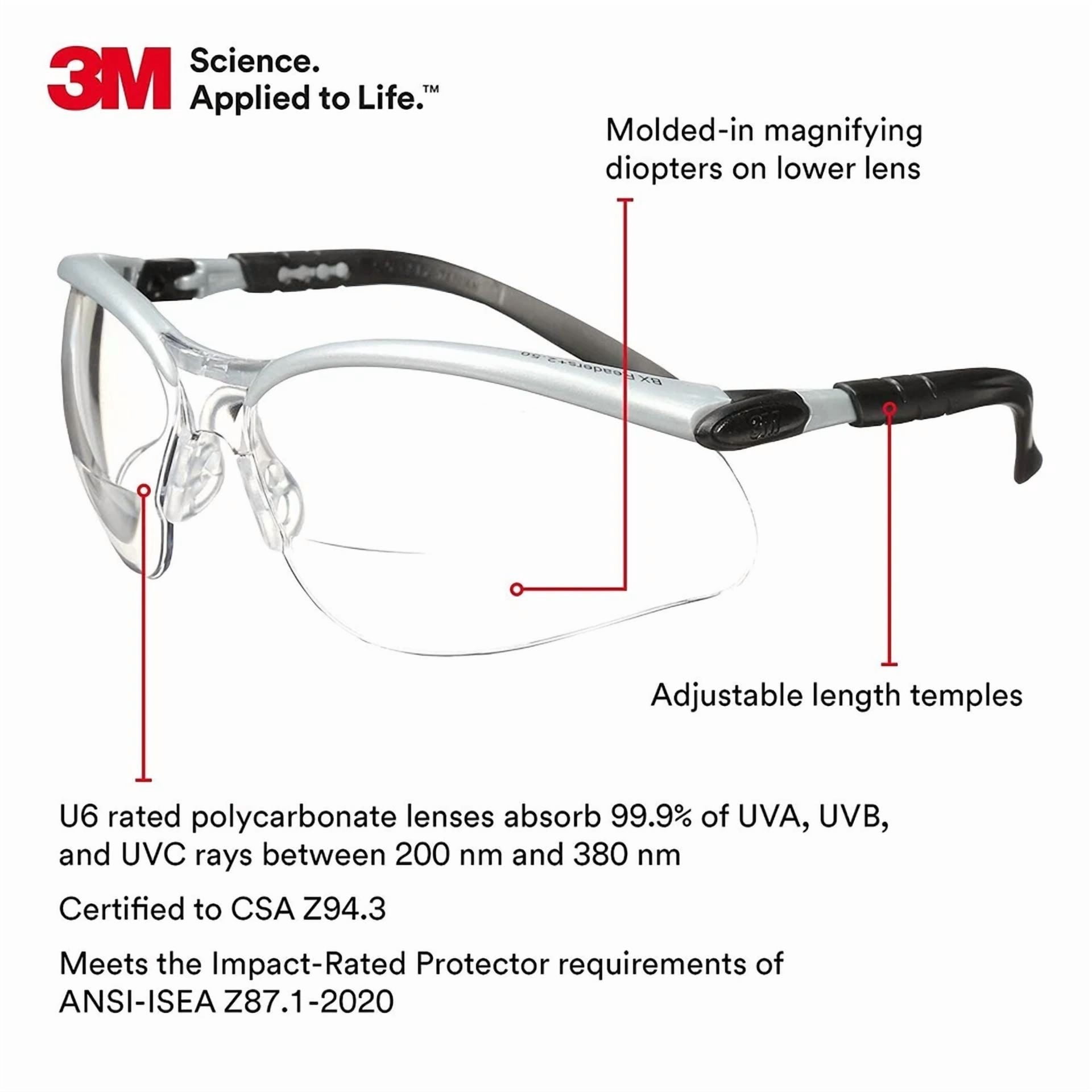 CIRCLE- 3M Bx 11374 +1.5 Bifocal Readers Clear Anti Fog Protective Safety Glasses