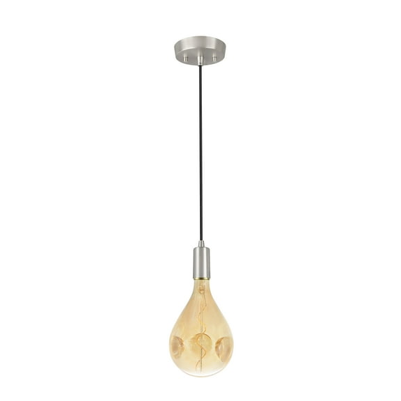 Aspen Creative 79008-11, One-Light Hanging Socket Pendant Fixture in Satin Nickel Finish with A160 Vintage Edison Decorative LED Amber Light Bulb
