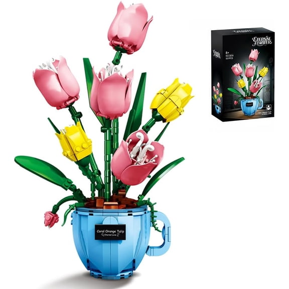 GZBricker Tulip Flowers Bouquet Building Set, Compatible with Lego Botanical Collection with Vase for Women Adults Girls Home Office Decor