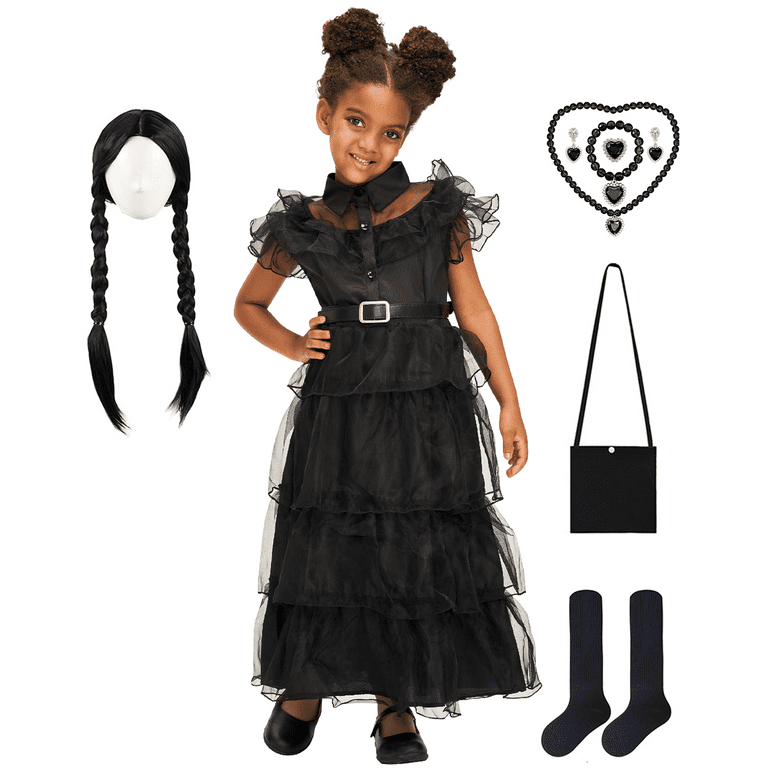 Women Kids Girls Wednesday Addams Series Cosplay Party Costume Set Dress  Bag Wigs Fancy Dress Up Gifts