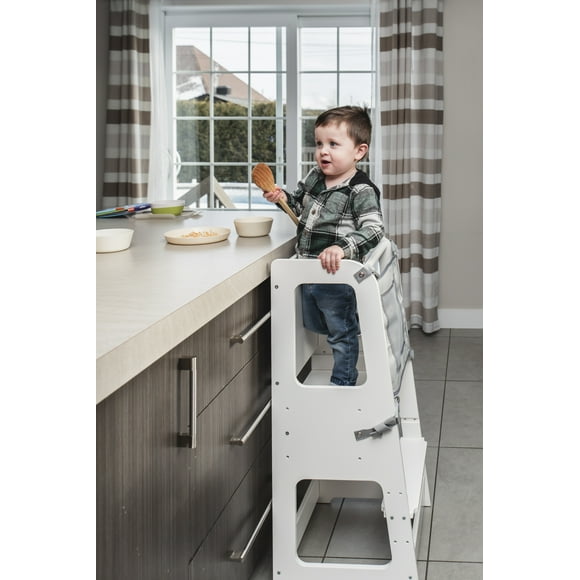 TREASURE KIDS Wooden Learning Tower for Toddlers 2 in 1 - Montessori Height Adjustable Standing Platform Children Standing Tower- Whiteboard – Kitchen Helper Step Stool Safety Net- White Color