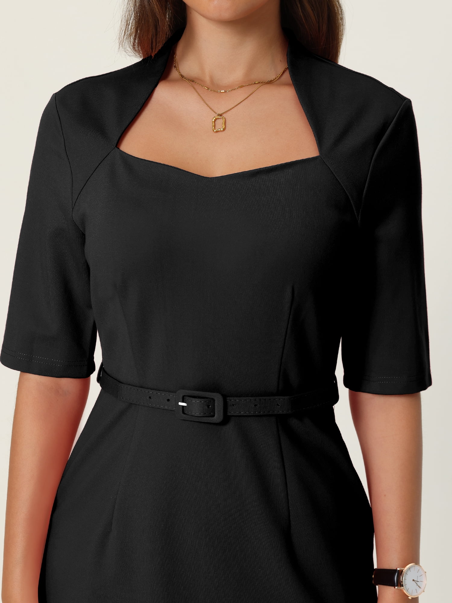 Unique Bargains Women's Sheath with Belt Vintage Sweetheart Neck Pencil Dress S Black