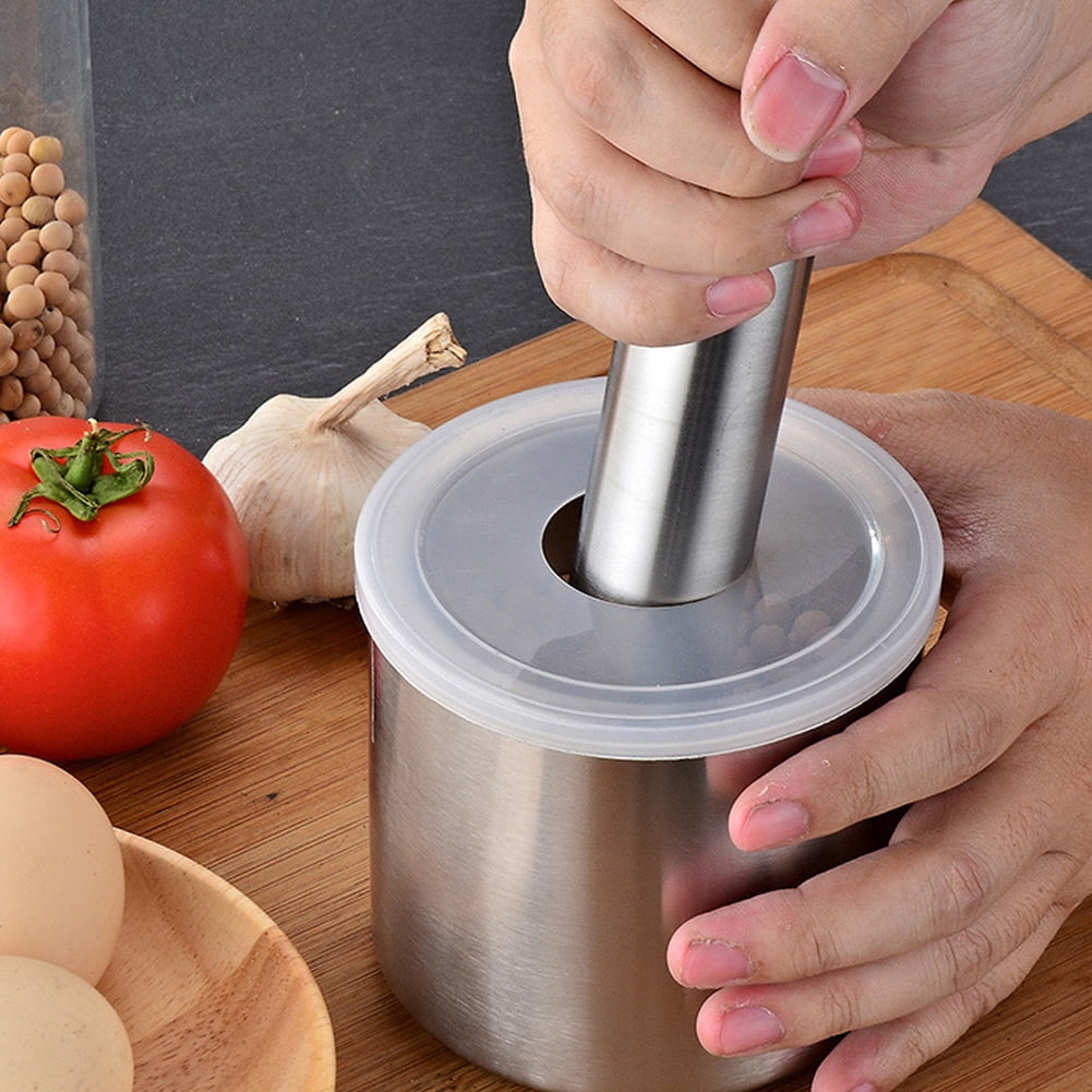 LAZIOEGR Household Kitchen 304 Stainless Steel Manual Garlic Press & Food Chopper Crusher Set with Grinding Rod and Lid - 3.94 Inches / 10 cm, Silver