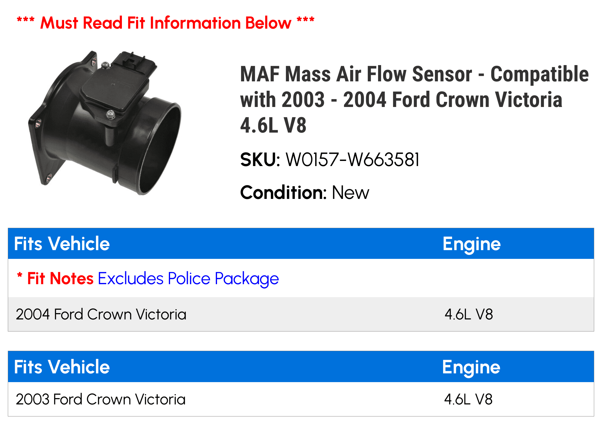 MAF Mass Air Flow Sensor - Compatible with 2003 - 2004 Ford Crown Victoria 4.6L V8