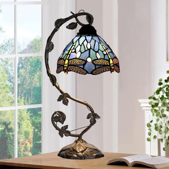 COSITTE 20" Vintage Tiffany Style Table Lamp Stained Glass Dragonfly Design with Blue Shade and Resin Base for Home Decor lighting