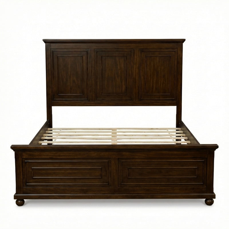 Vintage Style Queen Size Bed Frame with Tall Headboard & Ball-Shaped Legs, Wooden Platform Bed Frame with Charging Station