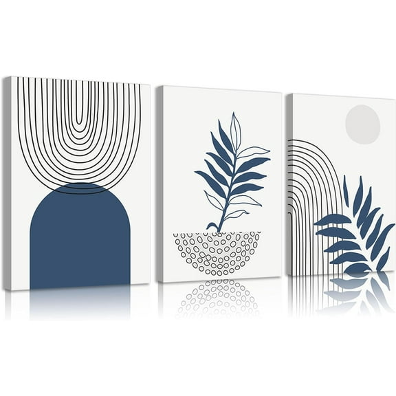 3Pcs Navy Blue Boho Wall Art Abstract Bohemian Canvas Poster Print Geometric Botanical Lines Picture Minimalist Mid-Century Modern Painting Wall Decor for Bathroom Bedroom Office 12x16in Unframed