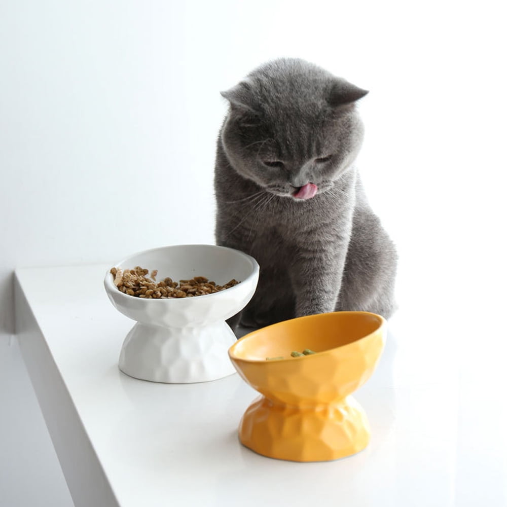 Extra Wide Raised Tilted Cat Food Bowls, Ceramic Elevated Cat Food and Water Bowl, Porcelain Slanted Pet Feeding Dish, Anti Vomiting Cat Bowl, Protect Pet's Spine for Big Cats - yellow