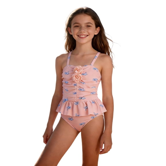 VNKIDY Girls One Piece Swimsuit Kids Floral Print Ruffled Hem Adjustable Spaghetti Straps Onesie Bathing Suit With 3D Flower Decor For Beach Pool Wear Classic Swimwear Light Pink 10-11 Years