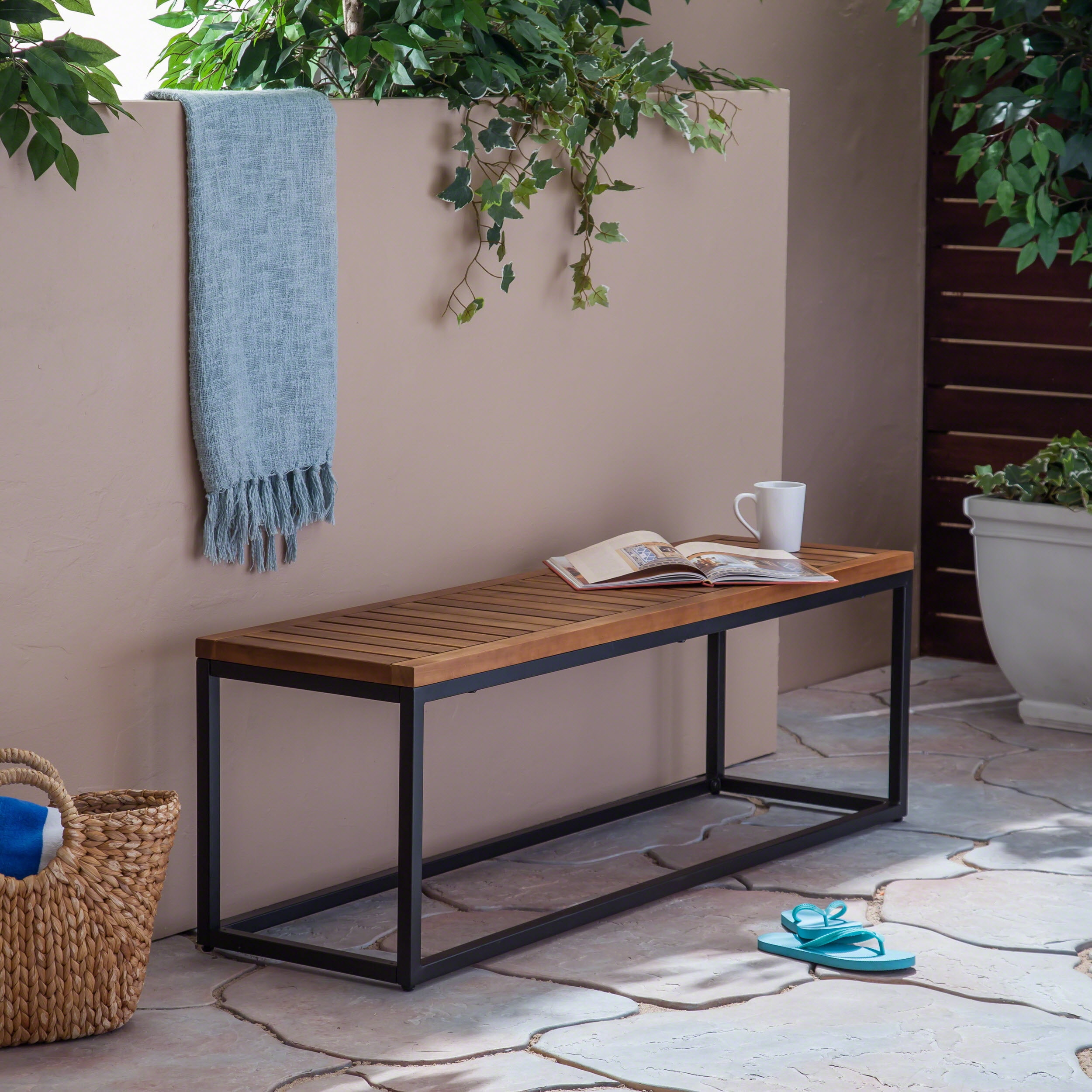 Outdoor Industrial Style Leisure Bench, Wood and Metal Combined Rest Seat for Patio Garden, Teak and Black