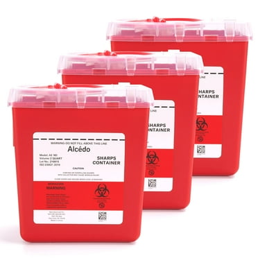 Alcedo Sharps Container for Home and Professional Use 2 Quart (3-Pack), Biohazard Needle and Syringe Disposal, Medical Grade