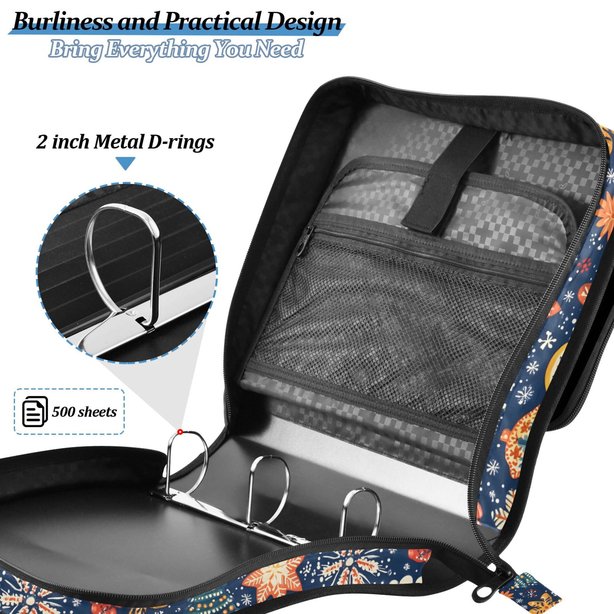 FORMRS Zipper Binder with Shoulder Strap 2-inch Ring 500 Sheet Capacity File Bag, Christmas Splendor