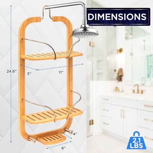 SereneLife Bamboo Hanging Shower Caddy with 3 Tiers, Anti-Slip Design, Bathroom Storage Organizer for Shampoo, Soaps, and Essentials - Space-Saving and Easy to Clean