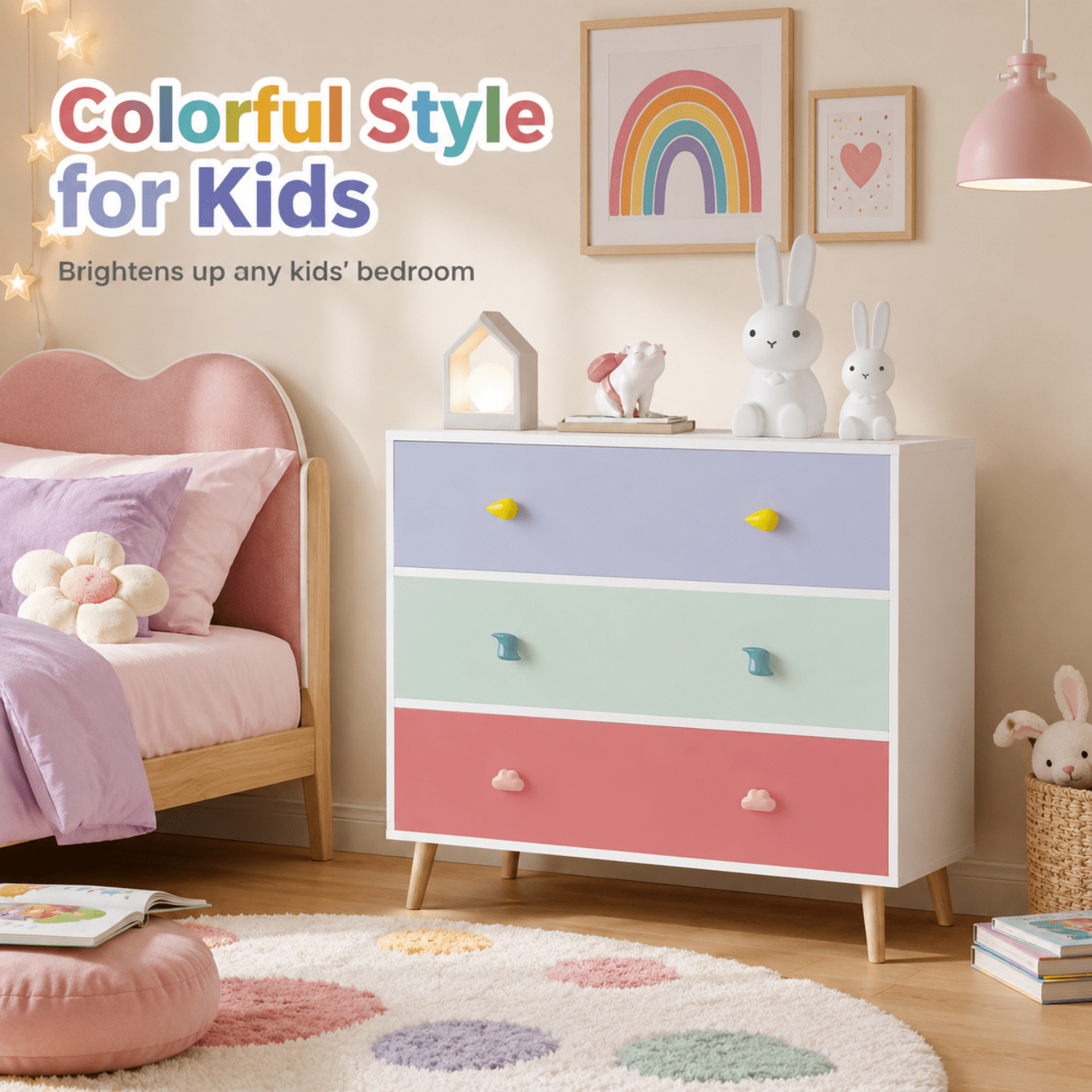 Miniyam Drawer Dresser with Glides & Safety Design for Kids, Colorful