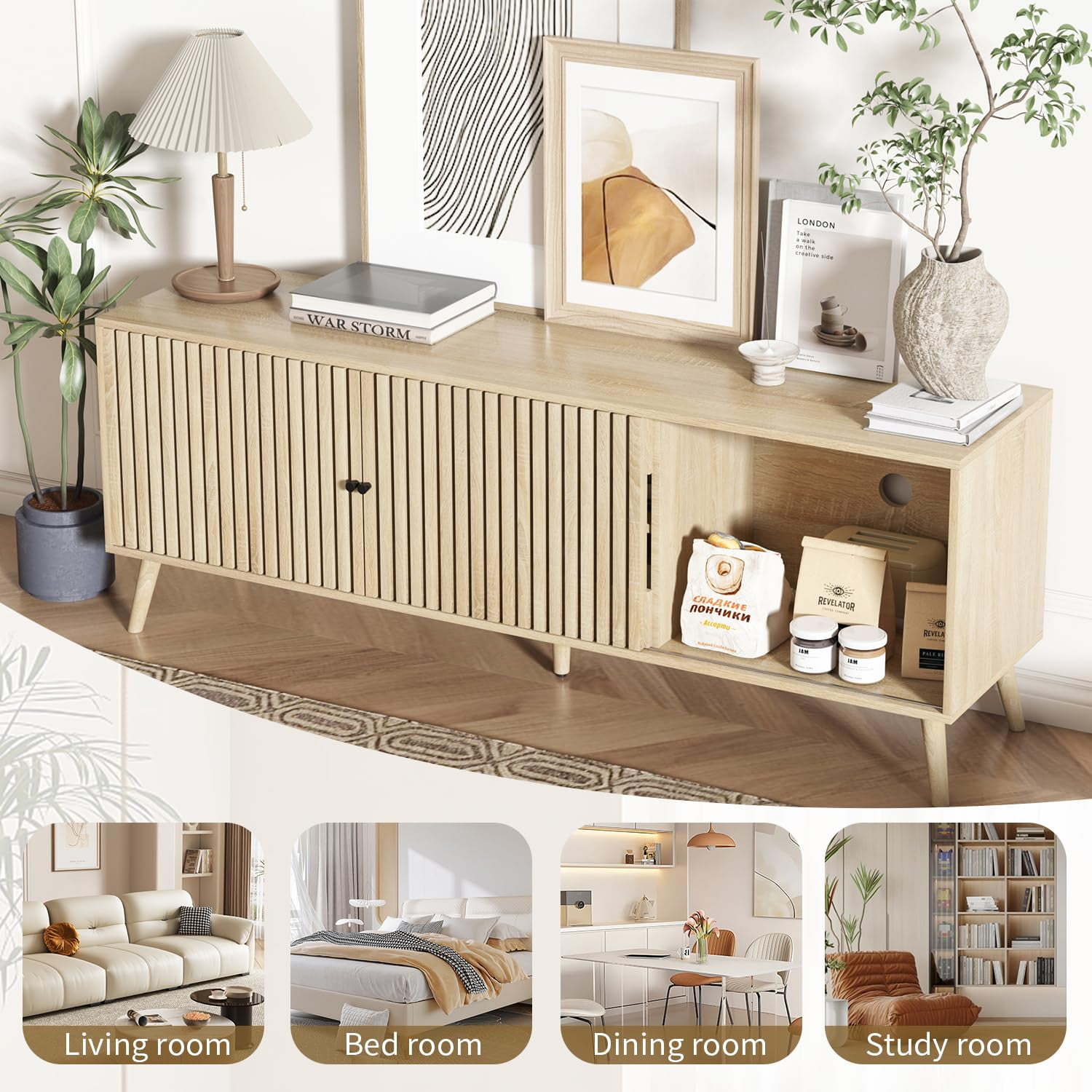 Modern TV Stand for TVs up to 70'', Sliding Doors, Entertainment Center with Storage, Media Console