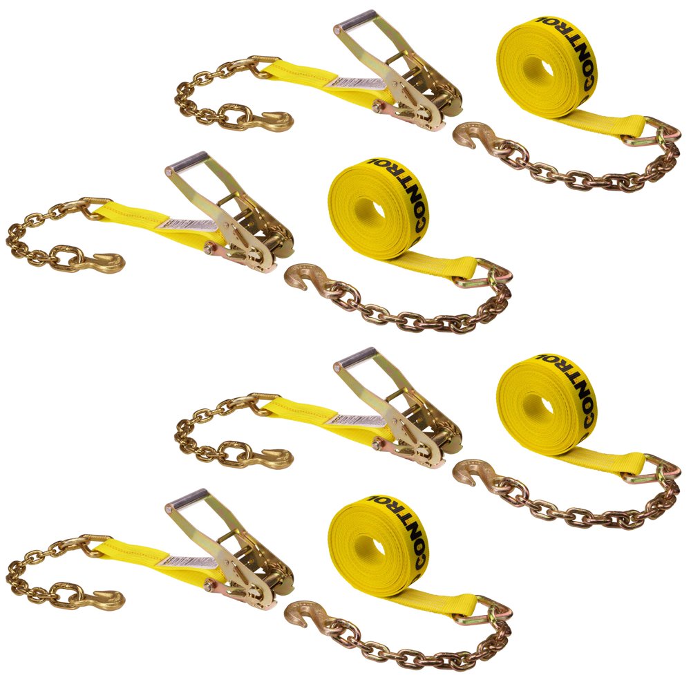 2" x 30' Long Wide Handle Ratchet Strap w/ Chain Extensions 4 Pack