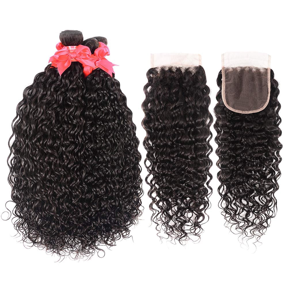 Unprocessed Water Wave Human Hair Bundles with Closure 100g Per Bundle Natural Black