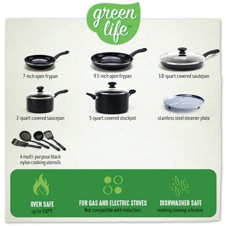 Greenlife Diamond Ceramic Non-stick 13 Piece Cookware Set, Black