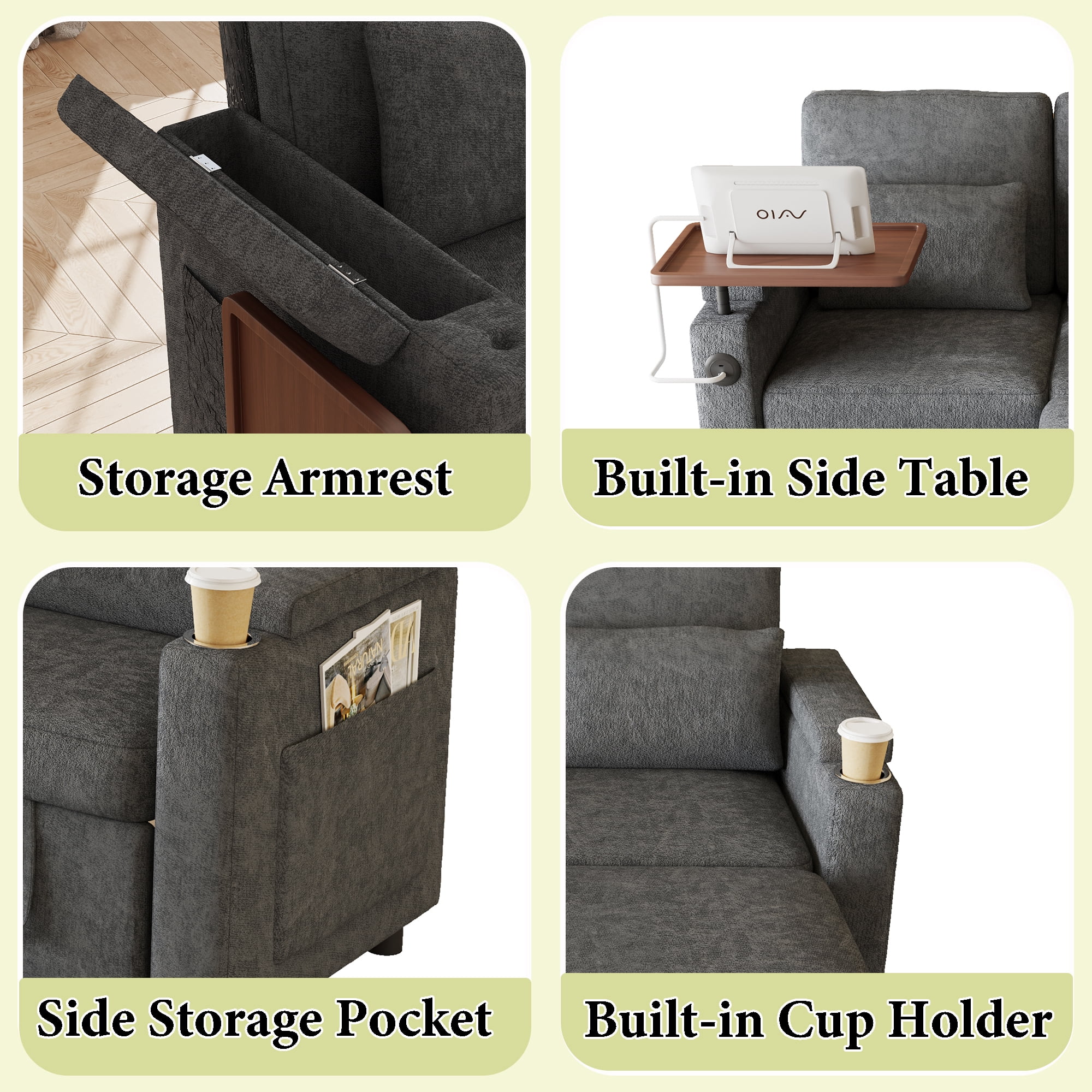 83" 3-in-1 Chenille Foldable Sofa Bed with Electric Chair,USB Ports,Table Board,Storage Armrests & Adjustable Backrest,3-Seater Sleeper,Dark Gray