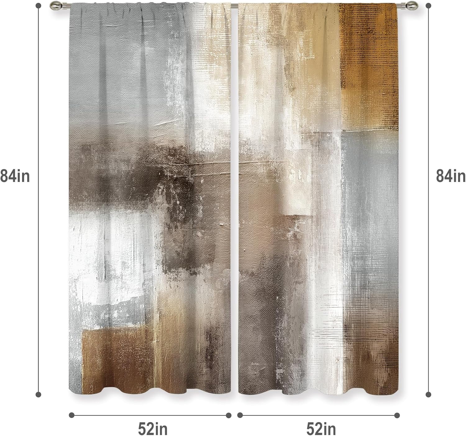 Grey Brown Curtains 52Wx84H Inch Rod Pocket Abstract Vintage Rust Tan Beige Modern Oil Painting Contemporary Bedroom Window Drapes Neutral Earth Tone Printed Living Room Window Treatment