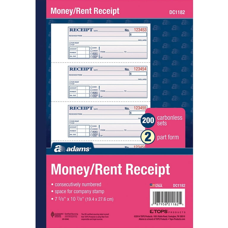 Adams 2-Part Carbonless Money/Rent Receipt Book, Receipts per - Main Image