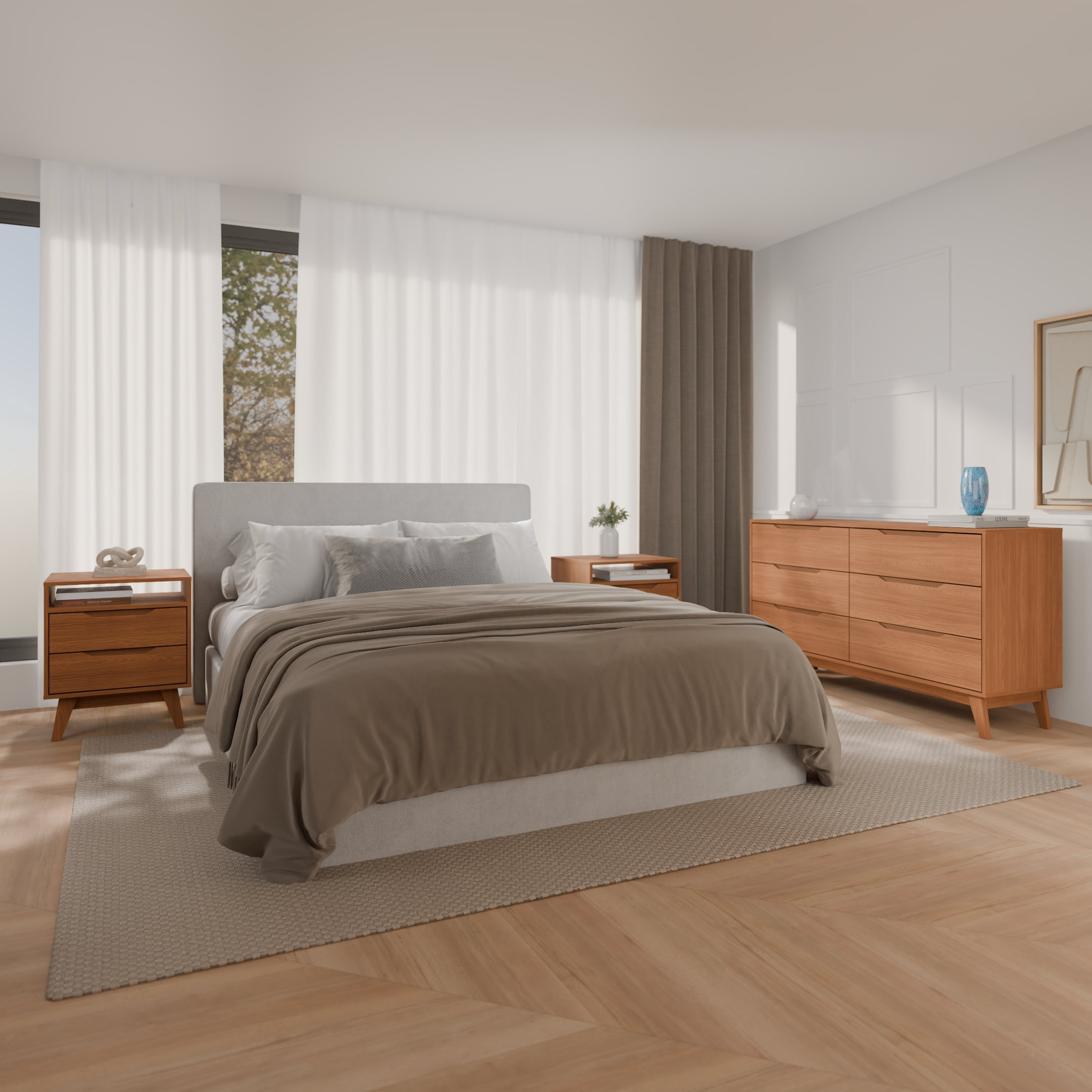 Kappesberg Bedroom Furniture Set with 6-Drawer Dresser and 2 Nightstands Golden Oak – Modern Storage Combo