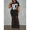 thumbnail image 6 of Black Plus Size Maxi Dress With Numeric 07 Print And Lace Hem Street Casual Round Neck Short Sleeve, 6 of 8
