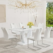 JUFU 63" Dining Table Set for 6, Faux Marble Rectangular Table with 6 White PU Chairs, Chrome Base