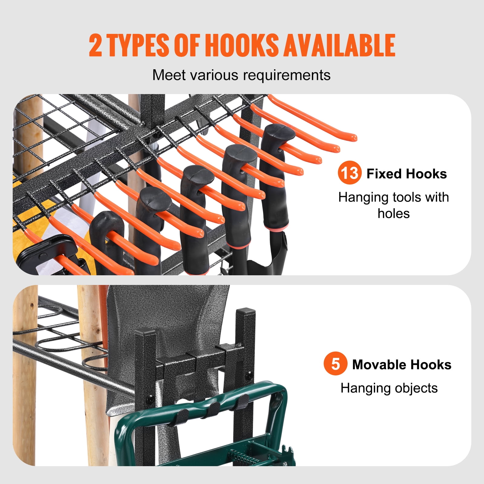 KFFKFF Garden Tool Storage Rack with Wheels Garage Organizer 16 Slots with Hooks