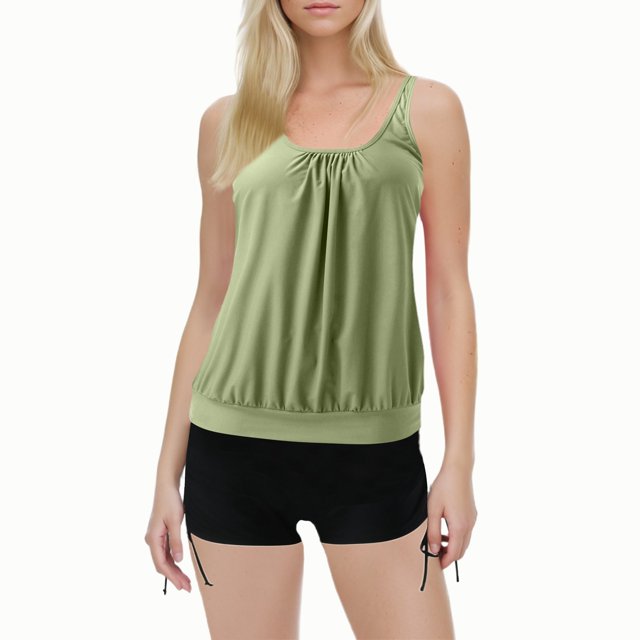 2 Piece Swimsuit for Women Solid Color Stylish Ruffle Tankini Tops with Boyshorts Light Green Bathing Suits for Women XL