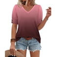 thumbnail image 4 of HomeDM Women's Short Sleeve V Neck T-Shirts Summer Casual Pullover Tops Loose Fit Dressy Shirts - Wine/XL, 4 of 5