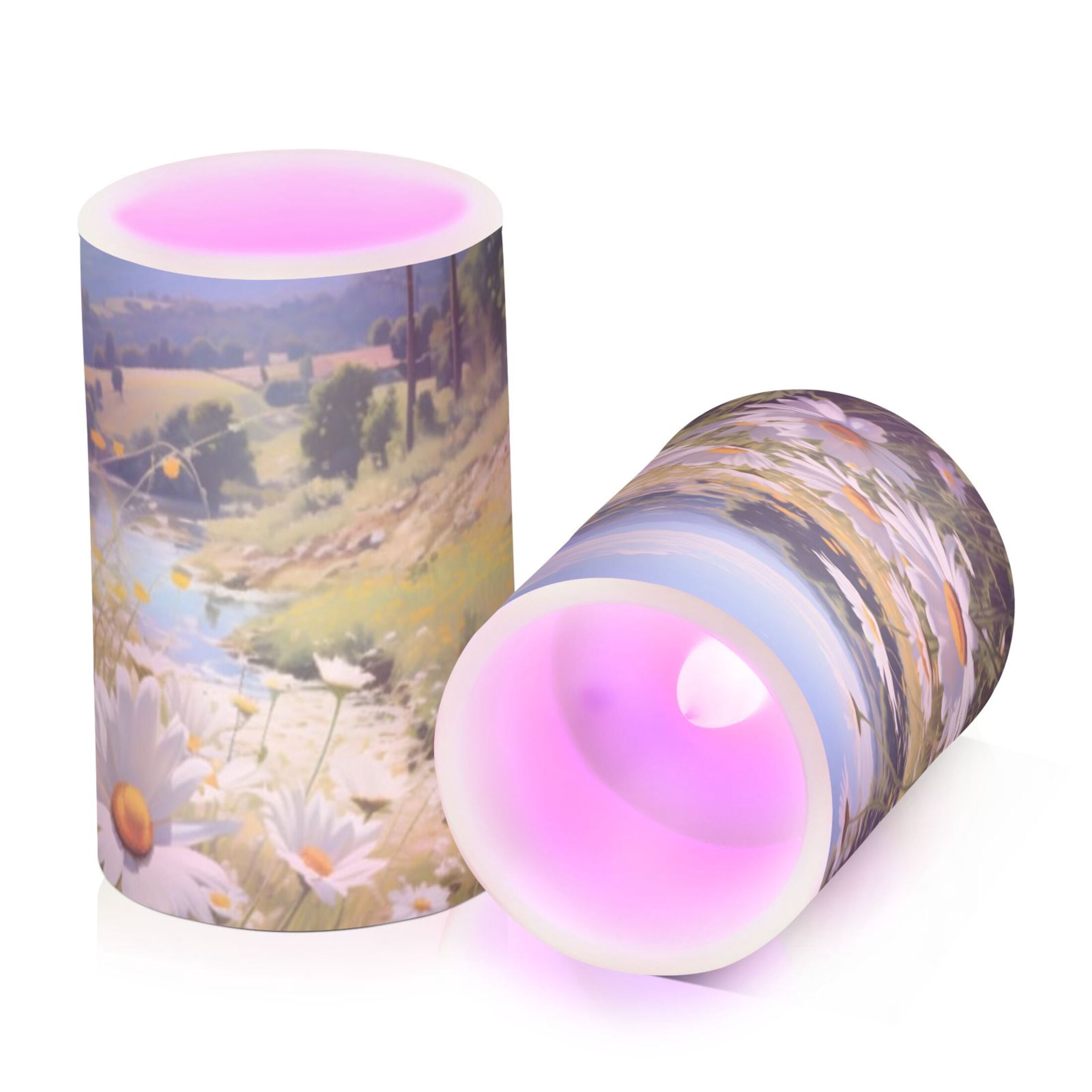 Spring Daisies Flickering Flameless Candles Battery Operated with Remote Timer LED Pillar Candles Set of 2