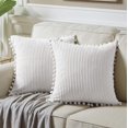 thumbnail image 1 of Fancy Homi Juego de 2 fundas de almohada decorativas de 20.0 x 20.0 in, color blanco puro con pompones, fundas de cojín cuadradas de pana suave y sólida, para sofá, sala de estar, dormitorio, sofá, co, 1 of 1
