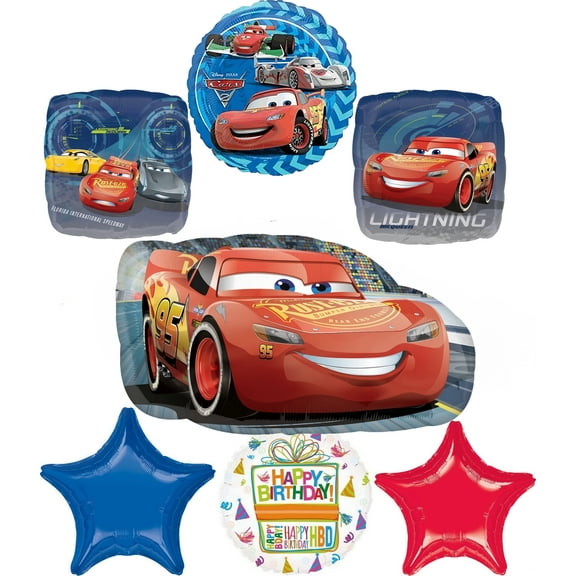 Anagram Cars Birthday Party Supplies 7pc Lightning McQueen Foil Balloon Bouquet Decorations