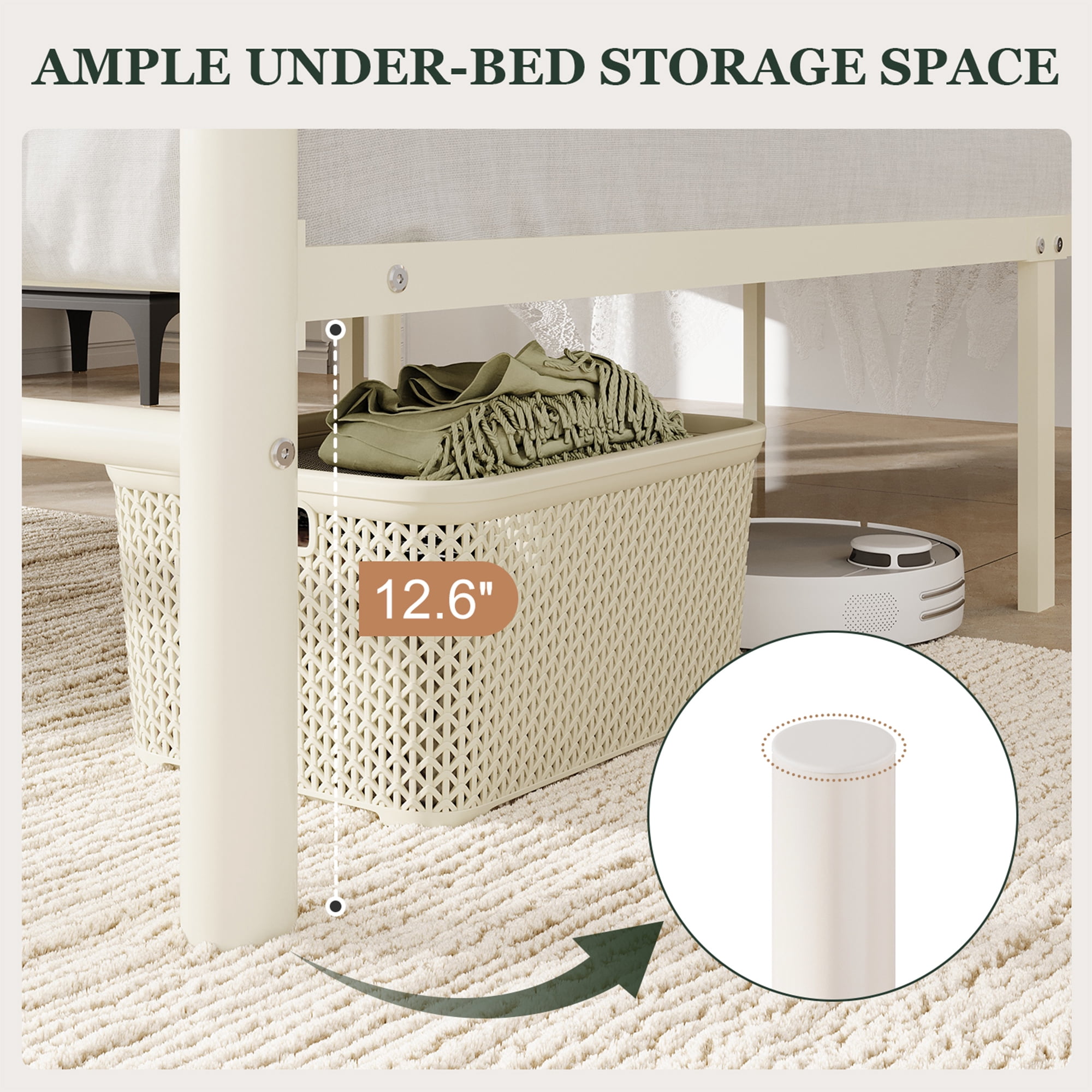 Amolife Full Bed Frame, Metal Platform Bed with Heart-Shaped Headboard and Footboard, 12.6'' Under-Bed Storage Space, No Box Spring Needed, Cream White