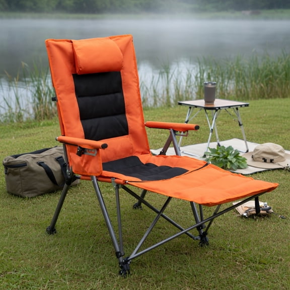 Resenkos 5-Position Adjustable Folding Camping Chair with Footrest – Portable Reclining Outdoor Chair for Hiking, Camping, Backyard, Garden & Office Use (Orange)