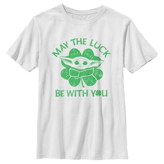 Boy's Star Wars: The Mandalorian St. Patrick's Day Grogu May the Luck be with You Retro  Graphic Tee White Small
