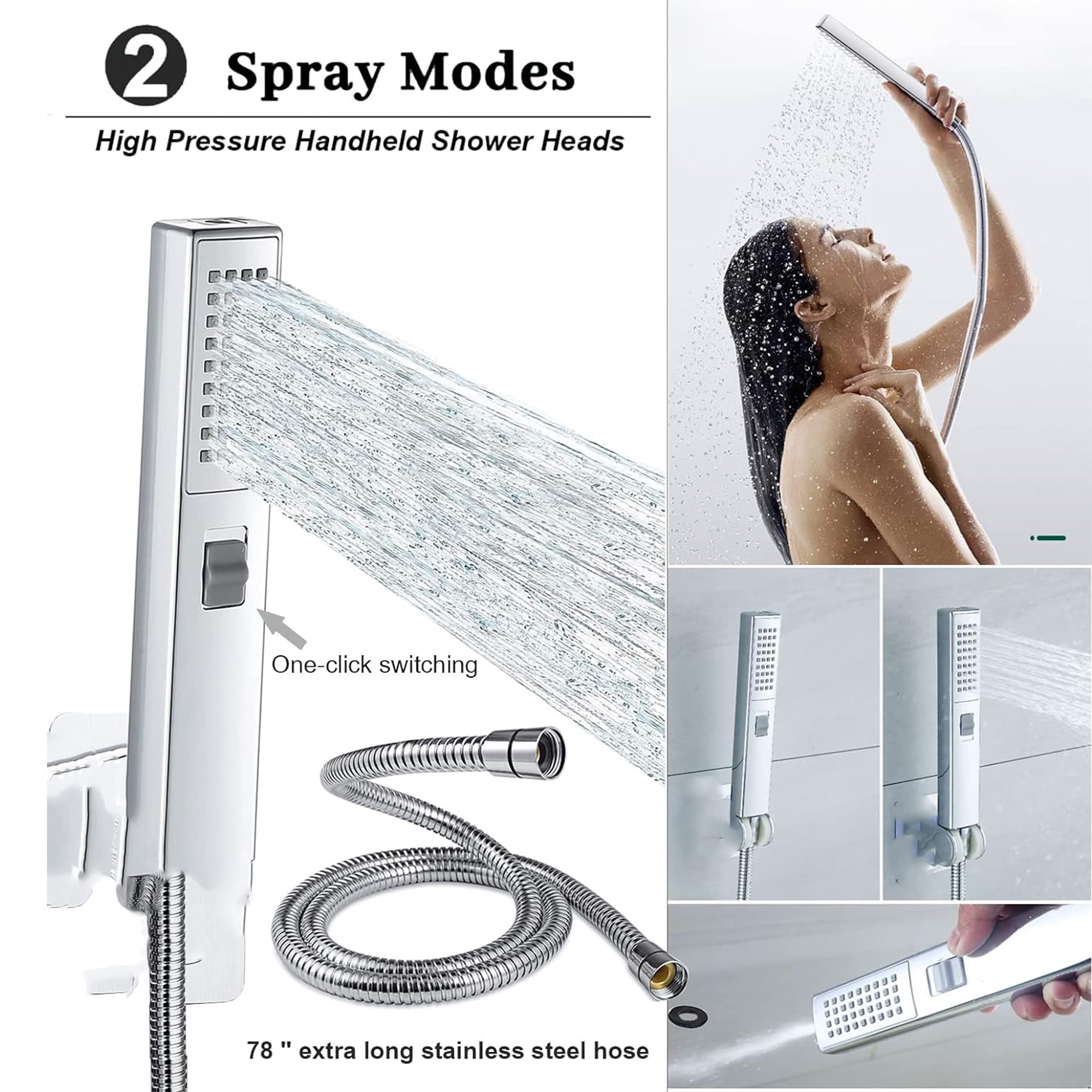 SERABETTO Filtered Shower Head, High Pressure 8″Square, 5 settings Handheld Rain Shower Filter Combo with Self-adhesive Holder/1.5M Hose -1 Replaceable Filter Cartridge (Chrome Finish)