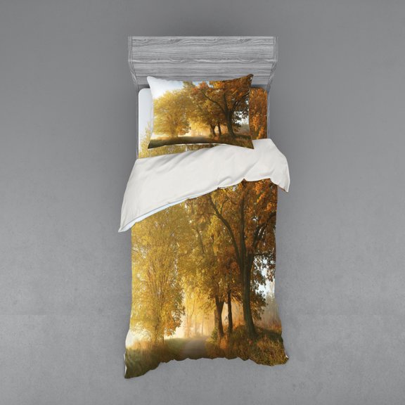 Ambesonne Fall Bedding Set 3 Pcs, Autumn Morning Scenic, Twin XL, Green Yellow