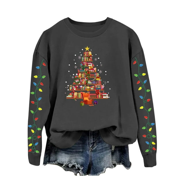 AWZXDE Chandail de Noël pour Femme, Cardigan à Enfiler avec Imprimé d'Arbre de Noël - Haut à Manches Longues à Col Rond pour Femme