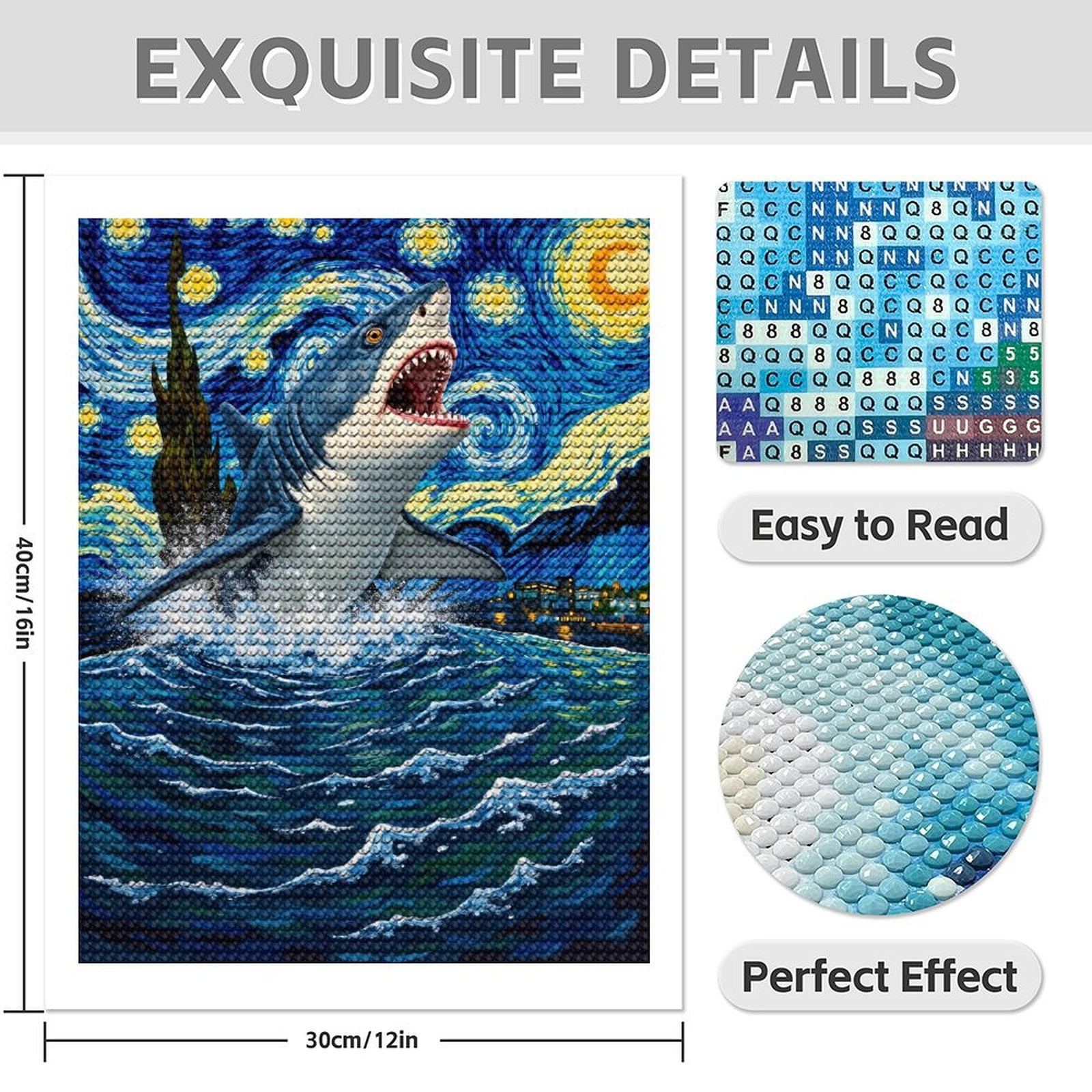 Diamond Art Kit for Adults, Shark Starry Night Ocean Splash Diamond Painting for Adults Beginners, DIY Diamond Art Painting Kits, 5D Diamond Painting Crafts for Home Decor 12x16 Frameless