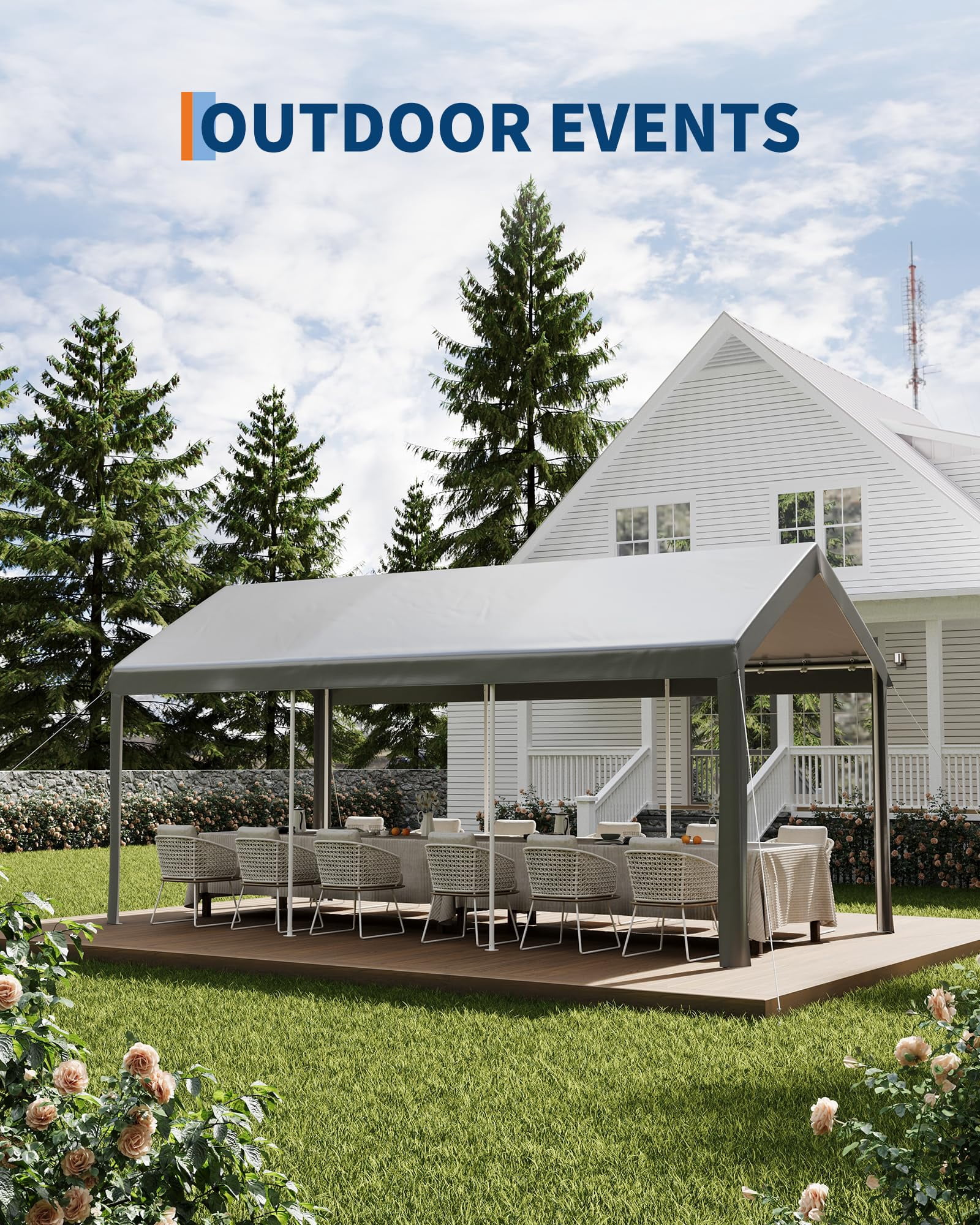 10X20 FT Carport Canopy, Portable Car Tent Garage with Roll-Up Door, All-Season Tarp Cover, Removable Side Walls, Outdoor Storage Shed,Grey